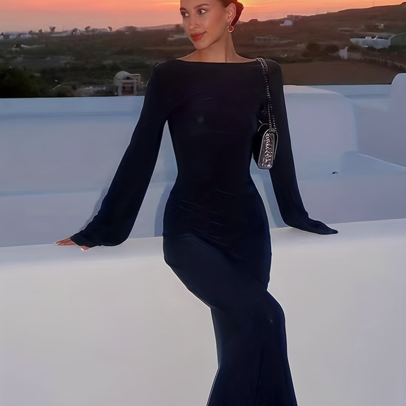 vlovelaw  Backless Solid Dress, Sexy Boat Neck Long Sleeve Maxi Dress, Women's Clothing