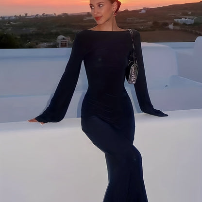 vlovelaw  Backless Solid Dress, Sexy Boat Neck Long Sleeve Maxi Dress, Women's Clothing