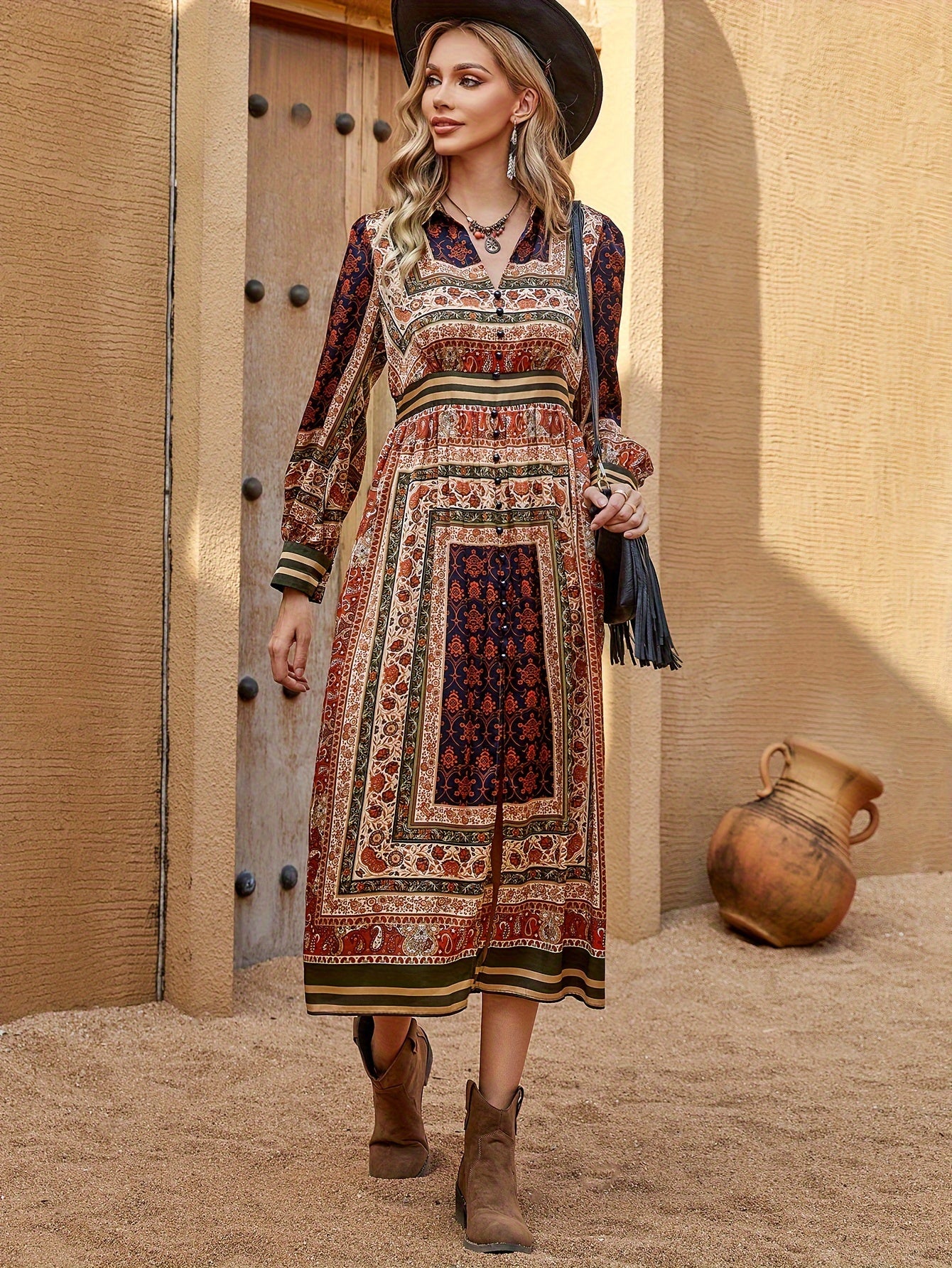 vlovelaw Boho Allover Print Button Detail Dress, Vintage V Neck Long Sleeve Dress For Spring & Fall, Women's Clothing