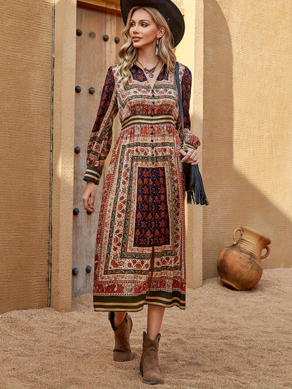 vlovelaw Boho Allover Print Button Detail Dress, Vintage V Neck Long Sleeve Dress For Spring & Fall, Women's Clothing