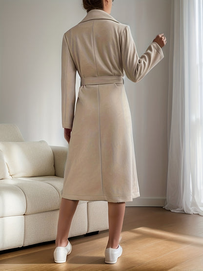 Solid Dual Pockets Notch Collar Overcoat, Casual Long Sleeve Belted Coat For Fall & Winter, Women's Clothing