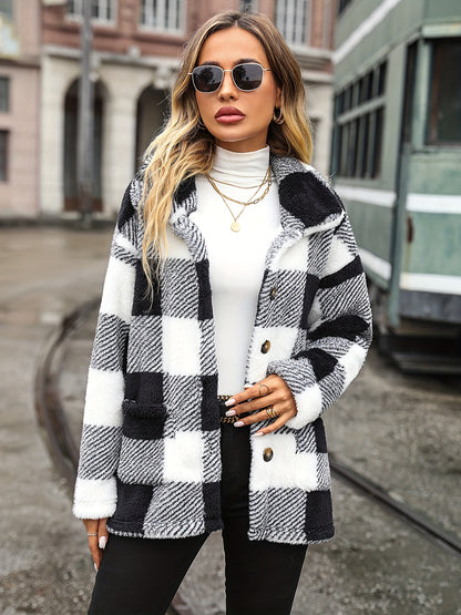 vlovelaw  Color Block Button Front Plush Jacket, Dual Pockets Long Sleeve Lapel Jacket For Fall & Winter, Women's Clothing