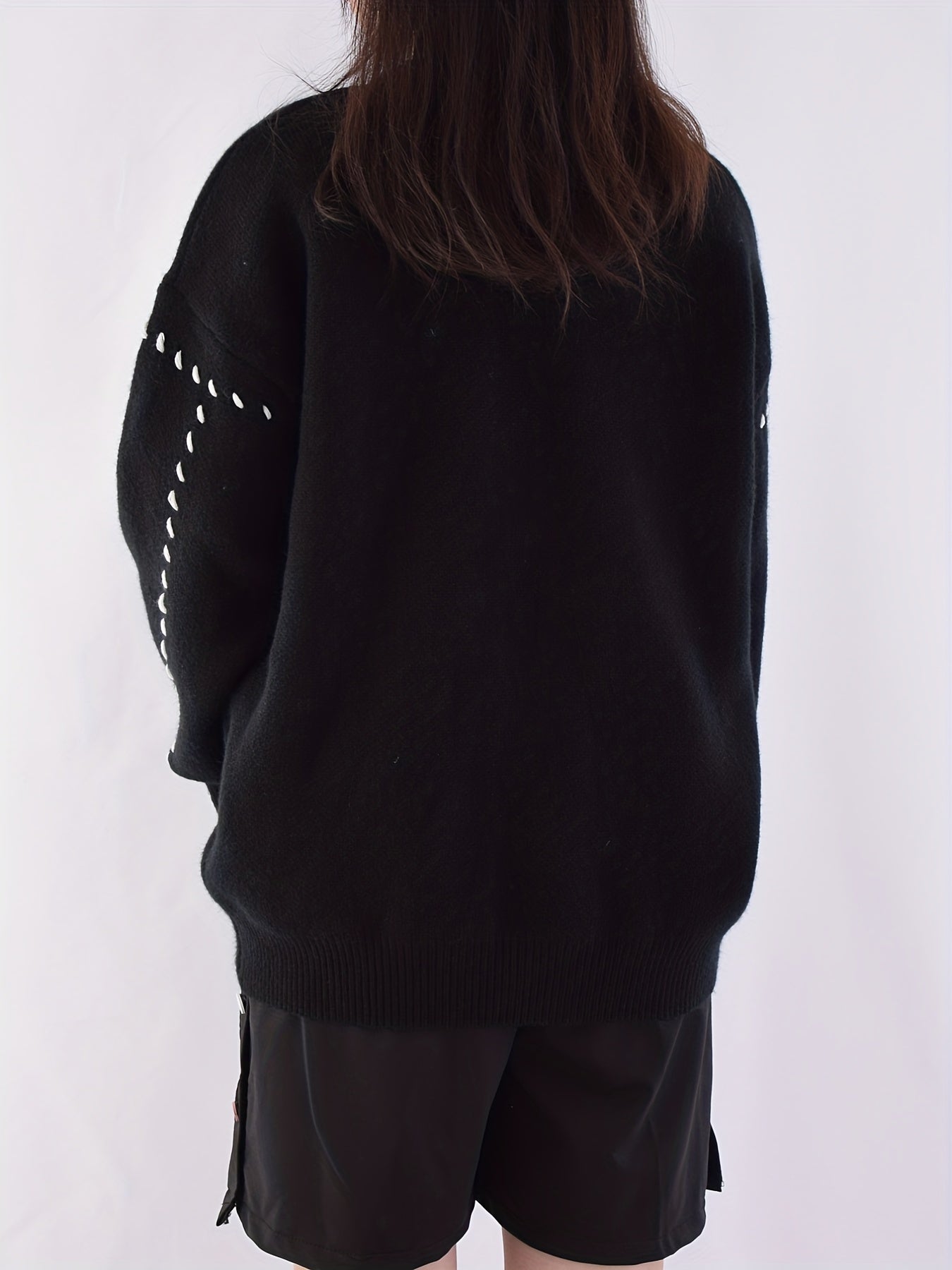 xieyinshe  V Neck Button Knit Cardigan, Preppy Long Sleeve Drop Shoulder Sweater, Women's Clothing