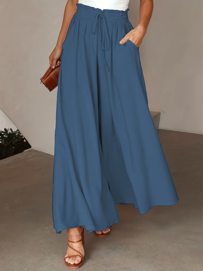 High Waist Drawstring Wide Leg Pants, Casual Loose Pants For Spring & Fall, Women's Clothing