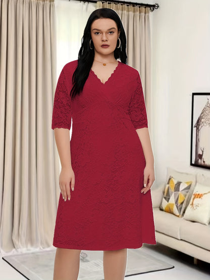 Plus Size Floral Lace Dress, Elegant V Neck Half Sleeve Dress For Party & Banquet, Women's Plus Size Clothing Wedding/Occasion/Engagement/Ceremony/Evening dress