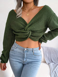 Knotted V Neck Crop Sweater, Casual Lantern Long Sleeve Loose Fall Winter Crop Knit Sweater, Women's Clothing