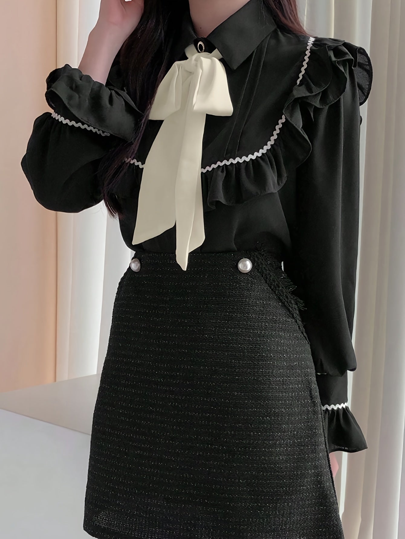 vlovelaw  Colorblock Ruffle Trim Tie Neck Blouse, Elegant Long Sleeve Blouse, Women's Clothing