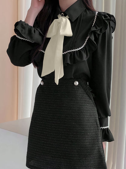 vlovelaw  Colorblock Ruffle Trim Tie Neck Blouse, Elegant Long Sleeve Blouse, Women's Clothing