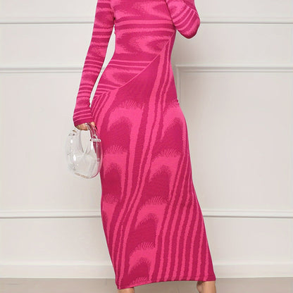Abstract Print Long Sleeve Dress, Stylish Crew Neck Maxi Length Slim Dress, Women's Clothing