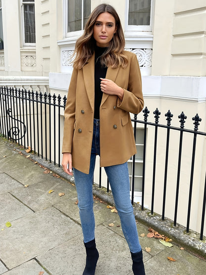 Double Breasted Lapel Blazer, Casual Solid Long Sleeve Outerwear, Women's Clothing