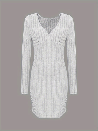 Plunging Ruched Solid Dress, Elegant Long Sleeve Bodycon Dress, Women's Clothing