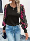 vlovelaw  Floral Print Splicing Blouse, Casual Crew Neck Long Sleeve Blouse, Women's Clothing