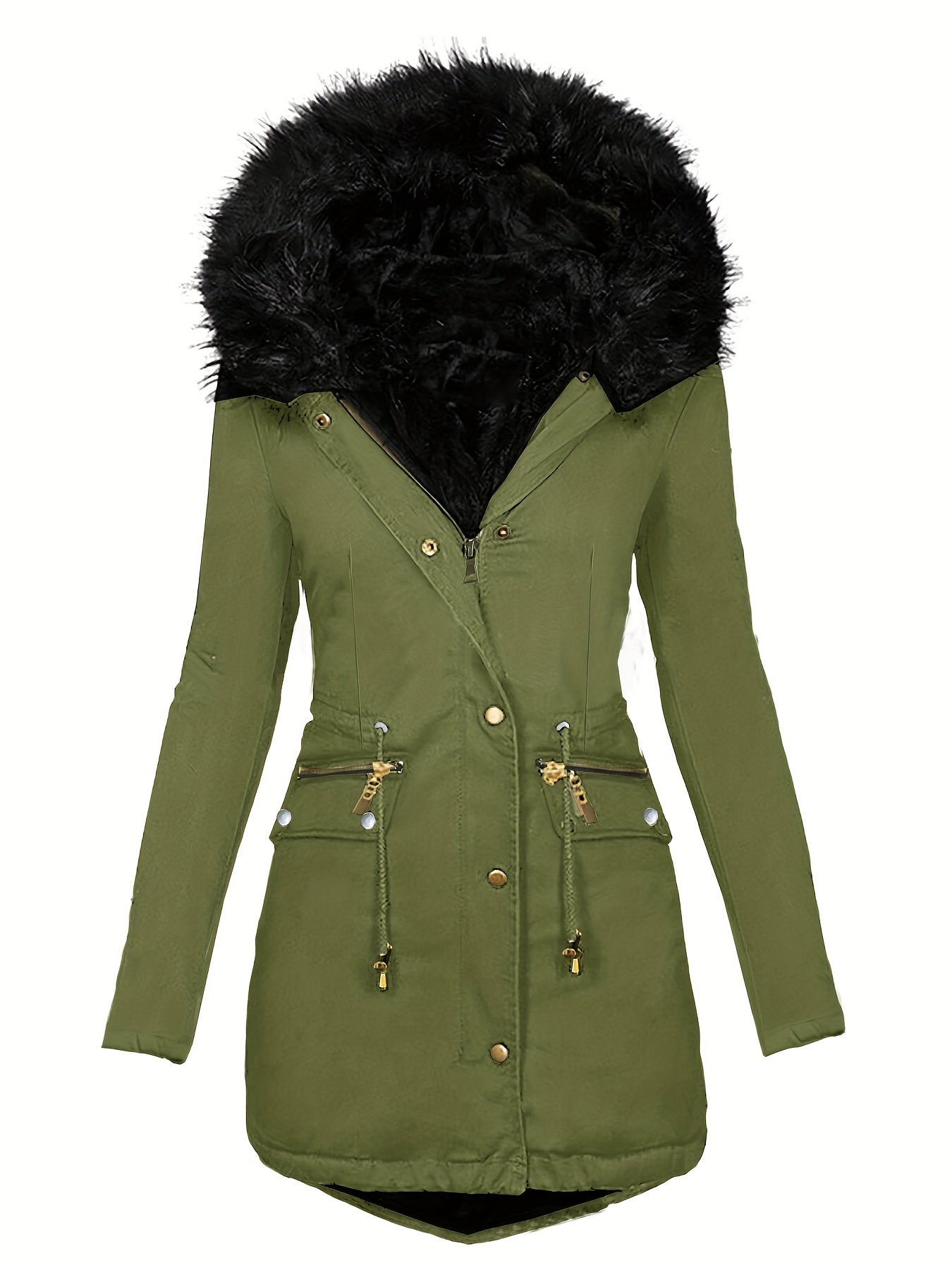 vlovelaw Faux Fur Hood Drawstring Parka Coat, Zip Up Button Front Pocket Thermal Overcoat, Women's Clothing