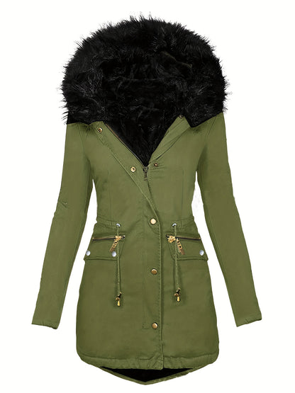 vlovelaw Faux Fur Hood Drawstring Parka Coat, Zip Up Button Front Pocket Thermal Overcoat, Women's Clothing