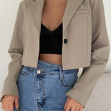 Cropped Solid Lapel Blazer, Elegant Open Front Long Sleeve Outerwear, Women's Clothing