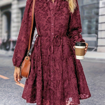 vlovelaw Solid Floral Jacquard Dress, Elegant Button Front Long Sleeve Dress, Women's Clothing