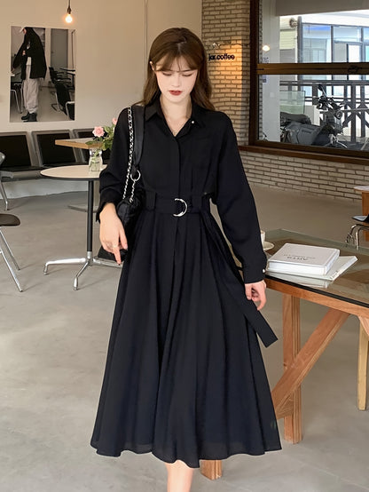 vlovelaw  Solid Lapel Neck Belt Dress, Chic Long Sleeve Midi A-line Dress, Women's Clothing