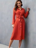 Solid Button Front Belted Dress, Elegant Long Sleeve Slim Dress, Women's Clothing