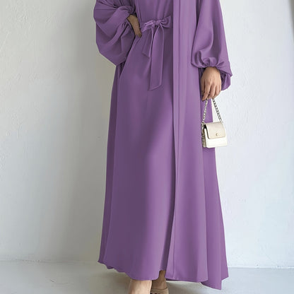 vlovelaw  Ramadan Elegant Solid Two-piece Set, Open Front Coverup & Tie Waist Abayas Outfits, Women's Clothing