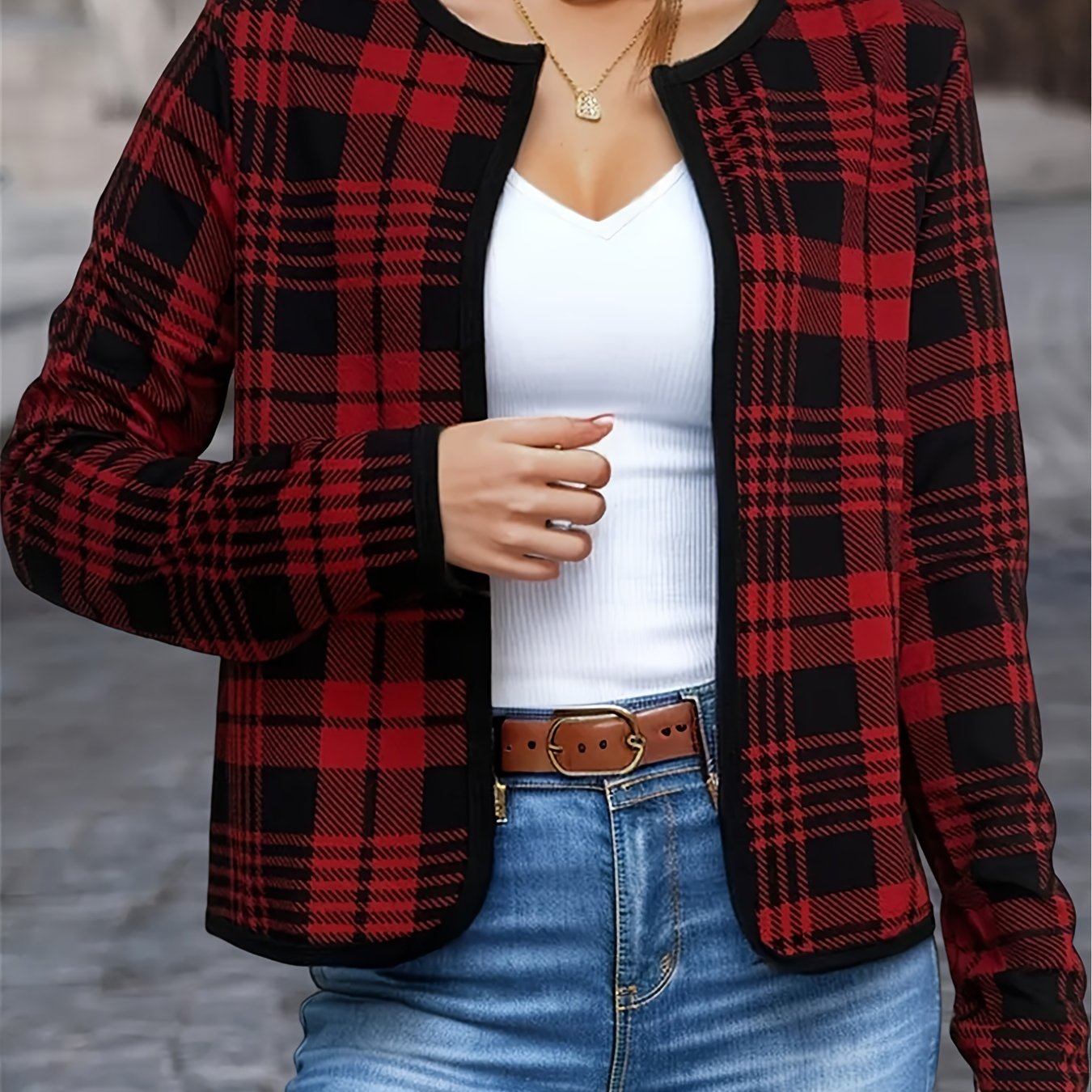 Plaid Print Crew Neck Long Sleeve Crop Jacket, Casual Loose Comfy Stylish Open Front Outerwear, Women's Clothing