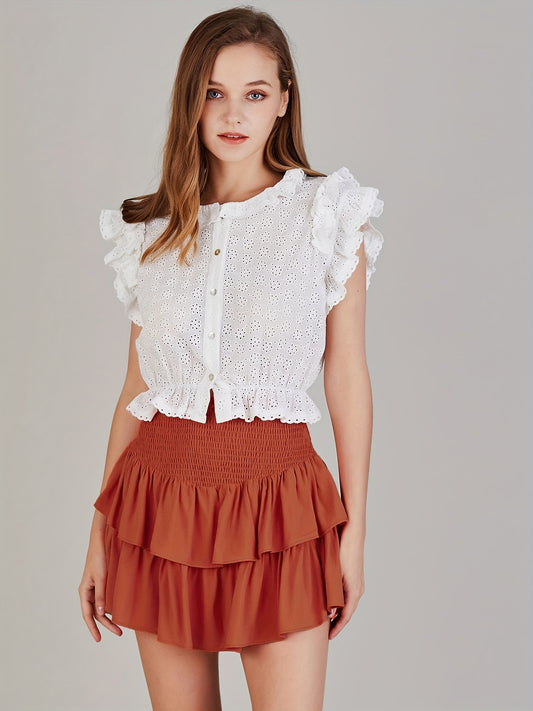 vlovelaw  Shirred Ruffle Layered Hem Skirt, Casual Solid Skirt For Spring & Summer, Women's Clothing