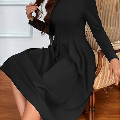 Solid Crew Neck Pleated Dress, Elegant Long Sleeve Swing Dress For Spring & Fall, Women's Clothing