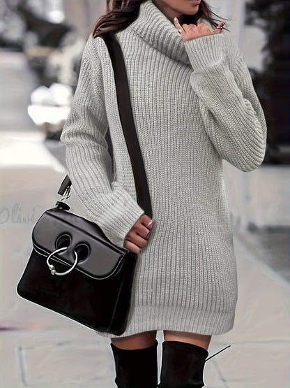 Solid Turtle Neck Baggy Knitted Dress, Casual Long Sleeve Dress For Fall & Winter, Women's Clothing