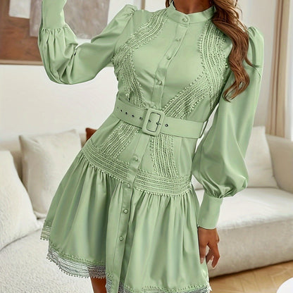 vlovelaw Contrast Lace Solid Dress, Elegant Button Front Long Sleeve Dress, Women's Clothing