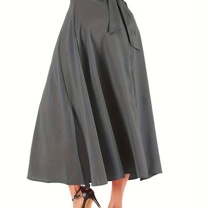 Plus Size Casual Skirt, Women's Plus Solid High Rise Belted Zipper Back A-line Skirt