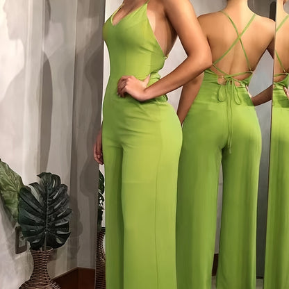 vlovelaw  Cross Tie Back V-neck Jumpsuit, Sexy Solid Backless Jumpsuit For Spring & Summer, Women's Clothing