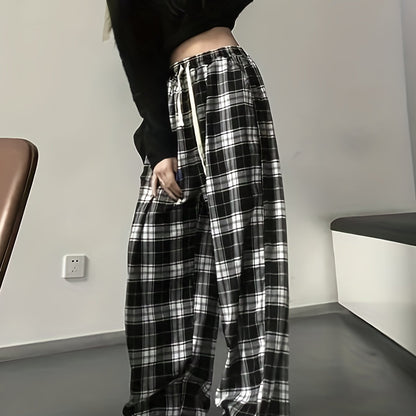 vlovelaw  Plaid Drawstring Straight Leg Pants, Casual Loose Pants For Spring & Fall, Women's Clothing