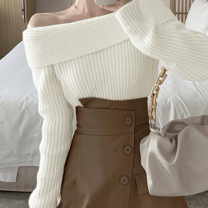 vlovelaw  Solid Off Shoulder Knit Sweater, Casual Long Sleeve Pullover Sweater, Women's Clothing