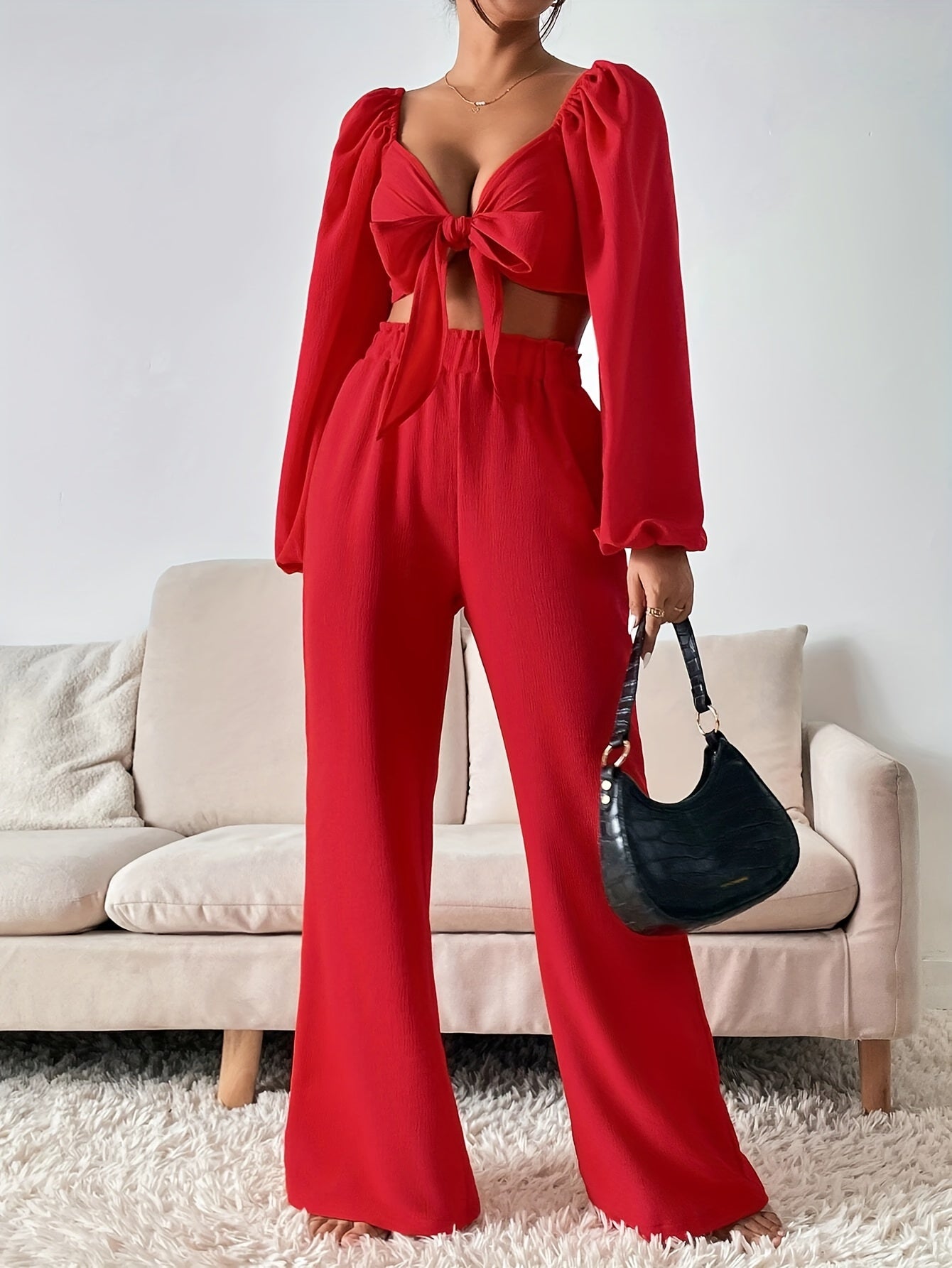 vlovelaw  Casual Solid Two-piece Pants Set, Long Sleeve Bow Front T-shirt & Loose Wide Leg Pants Outfits, Women's Clothing