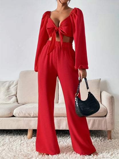 vlovelaw  Casual Solid Two-piece Pants Set, Long Sleeve Bow Front T-shirt & Loose Wide Leg Pants Outfits, Women's Clothing