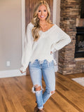 vlovelaw  Distressed Solid V Neck Pullover Sweater, Casual Raw Trim Long Sleeve Loose Sweater, Women's Clothing