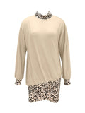 vlovelaw Leopard Print Contrast Trim Dress, Casual High Neck Long Sleeve Dress, Women's Clothing