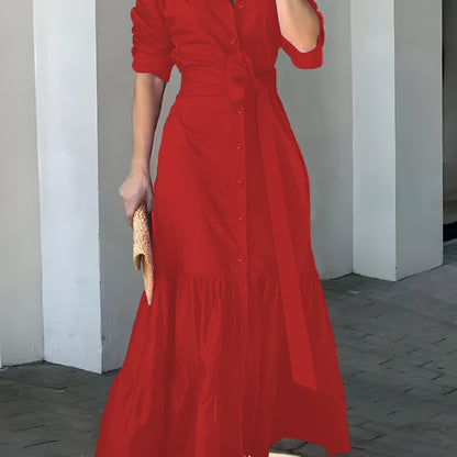 vlovelaw Solid Button Front Belted Dress, Elegant Ruched Sleeve Ruffle Trim Maxi Dress, Women's Clothing