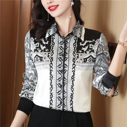 Ribbon Bow Women Silk Print Shirt Polka Dot Long Sleeve Button Up Blouses Office Ladies Casual Shirts Spring Autumn Designer Blouse Fine Elegant Tops Woman