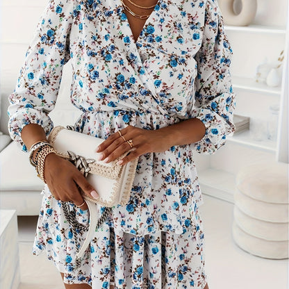 vlovelaw Floral Print Surplice Neck Dress, Casual Long Sleeve Layered Hem Dress, Women's Clothing
