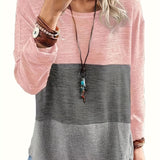 Plus Size Casual Top, Women's Plus Colorblock Long Sleeve Round Neck Medium Stretch Top