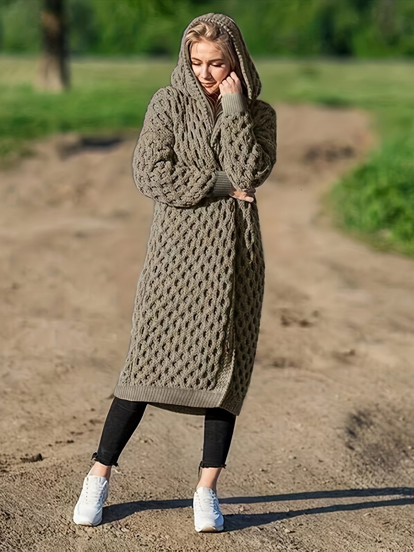 Solid Open Front Hooded Cardigan, Casual Long Sleeve Long Length Sweater For Fall & Winter, Women's Clothing