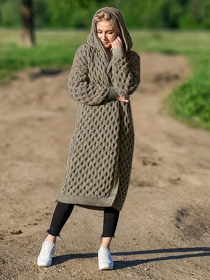 Solid Open Front Hooded Cardigan, Casual Long Sleeve Long Length Sweater For Fall & Winter, Women's Clothing