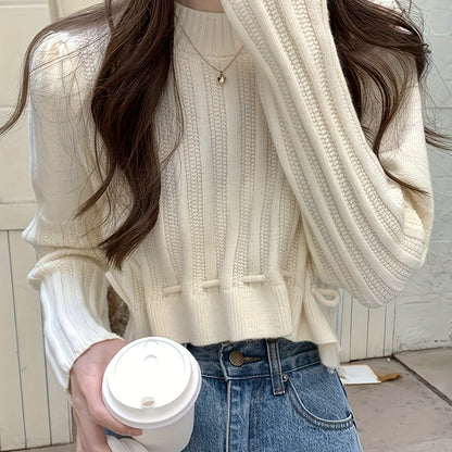 vlovelaw Solid Drawstring Hem Crop Sweater, Casual Mock Neck Long Sleeve Sweater For Fall & Winter, Women's Clothing