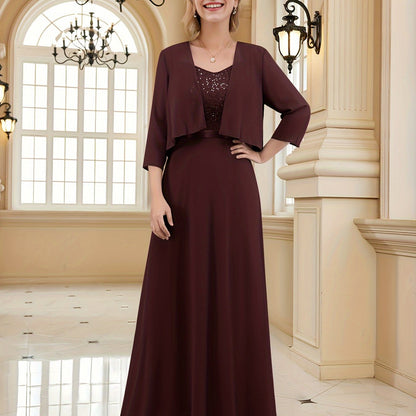 vlovelaw  Solid Color Two-piece Dress Set, Open Front Three-quarter Sleeve Cardigan & Sleeveless A-line Dress Outfits, Women's Clothing