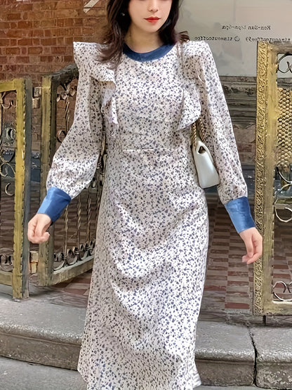 vlovelaw  Contrast Trim Allover Print Dress, Elegant Long Sleeve Dress For Spring & Fall, Women's Clothing