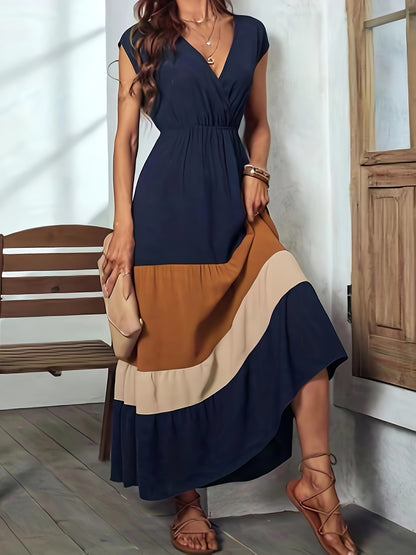 vlovelaw  Color Block Surplice Neck Dress, Elegant Sleeveless Maxi Dress, Women's Clothing