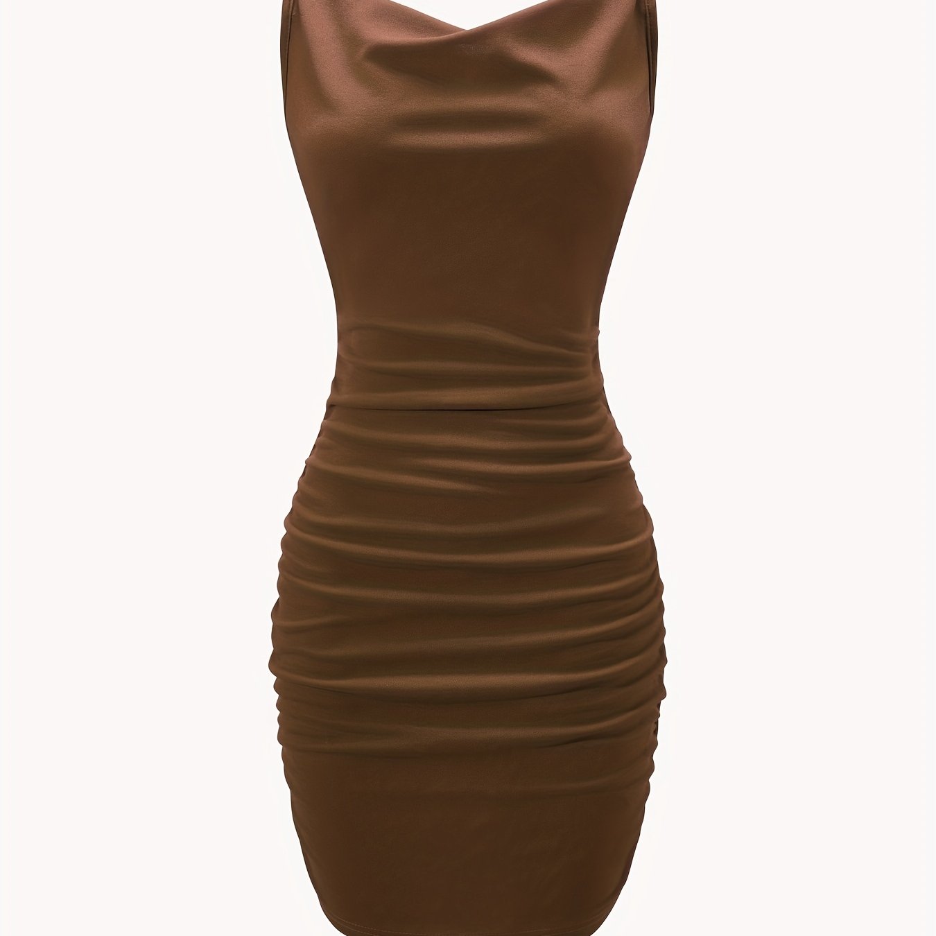 vlovelaw  Solid Cowl Neck Mini Dress, Ruched Side Body Con Cami Dress , Women's Clothings