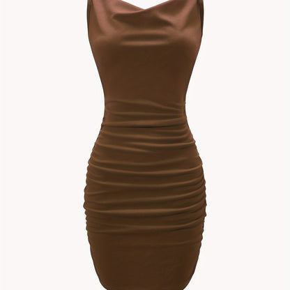 vlovelaw  Solid Cowl Neck Mini Dress, Ruched Side Body Con Cami Dress , Women's Clothings