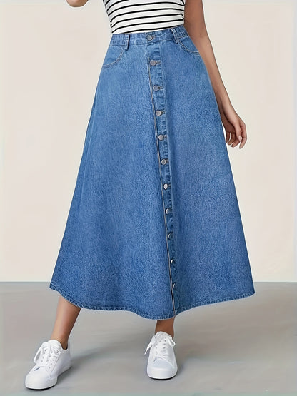 vlovelaw  Single-breasted Plain Washed Denim Skirt, Slash Pocket A-line Maxi Preppy Denim Skirt, Women's Denim Jeans & Clothing