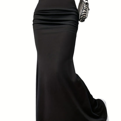 vlovelaw Solid Ruched High Waist Skirt, Elegant Slim Bodycon Skirt For Spring & Fall, Women's Clothing